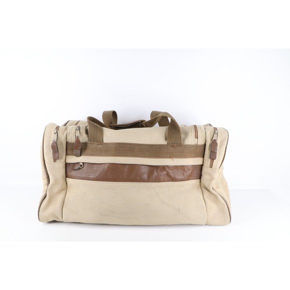 Vintage 90s Eddie Bauer Ford Motor Co Spell Out Leather Trim Canvas Duffel Bag